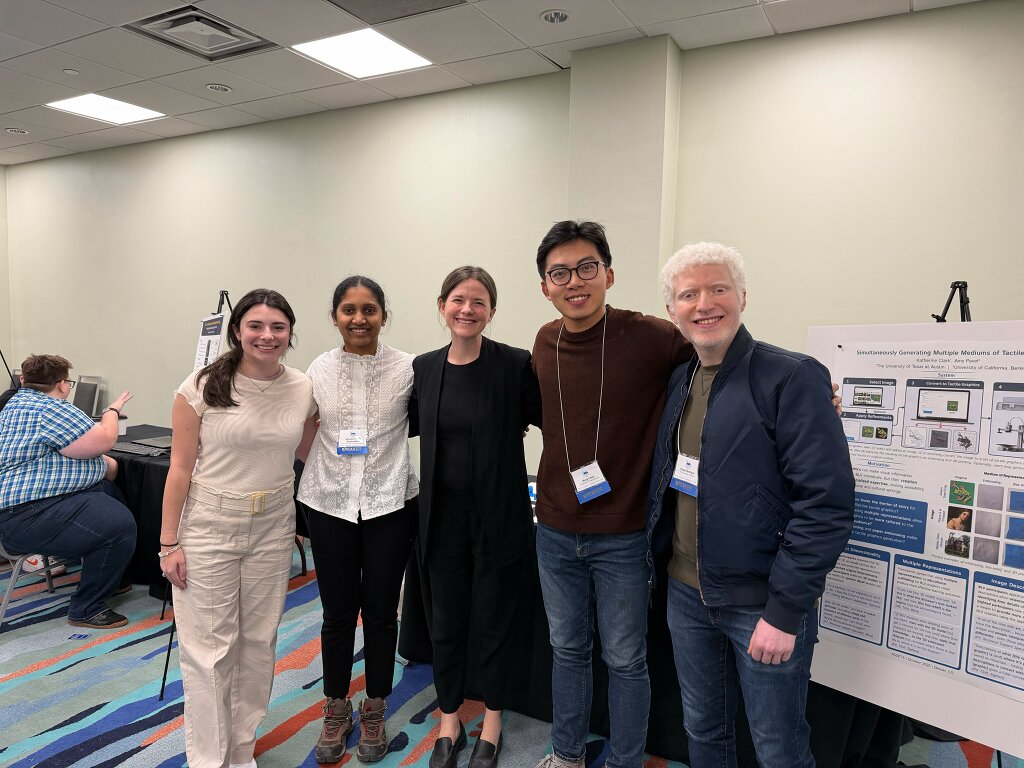 Yotam and four fellow researchers standing arm in arm and smiling beside a research poster at ASSETS 2025.