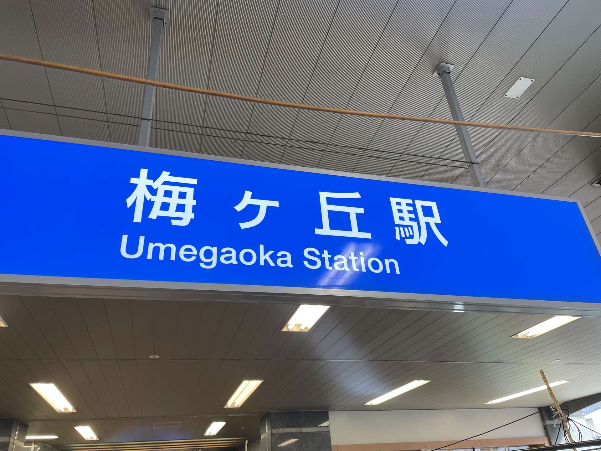 The blue station sign at Umegaoka Station, reading 梅ヶ丘駅 in large white characters with Umegaoka Station beneath it.