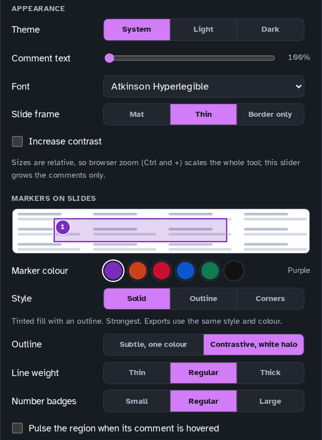 Part of the SlideNotes settings in dark mode. Appearance settings cover the theme, a comment text size slider, the font (Atkinson Hyperlegible), the slide frame and increased contrast. Marker settings show a live preview of a numbered region, followed by the marker colour, style, outline, line weight, badge size and a pulse option.