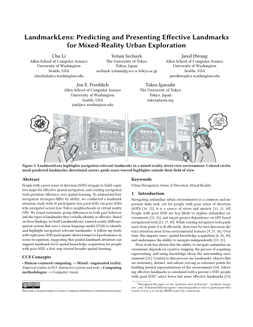 First page of the LandmarkLens paper, showing the title, authors, abstract, and a teaser figure of a person walking with a mixed-reality headset while colored circles highlight predicted landmarks on a street and arrows point toward landmarks outside the field of view.